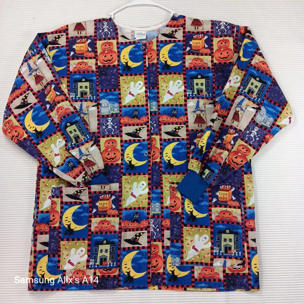 Tafford Halloween Long Sleeve Scrub‎ Top Medium Snap Front